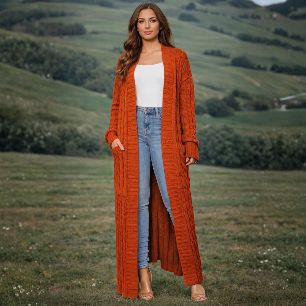 Dames Lange Gebreide Cardigan – Effen, Comfortabel voor Winter, Met Pompons