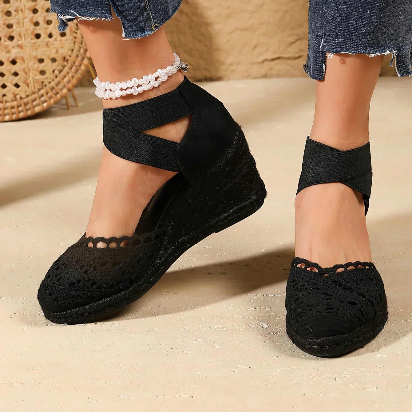 Gehaakte Dames Sleehak met Elastische Enkelband – Comfortabele Zomerse Schoen