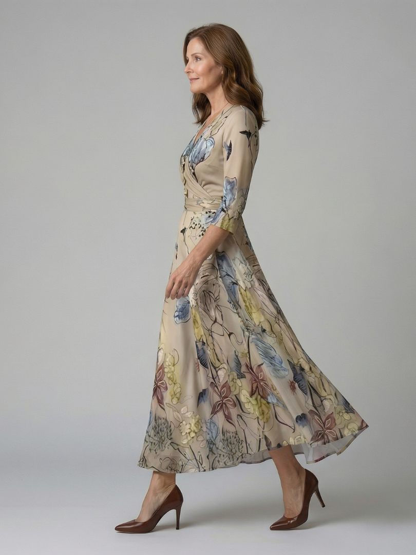 Dames Midi Jurk met Wikkelhals en Bloemenprint