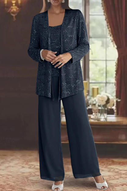Dames Feestpak Driedelig - Kanten Blazer met Pailletten en Wide Leg Broek