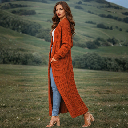 Dames Lange Gebreide Cardigan – Effen, Comfortabel voor Winter, Met Pompons