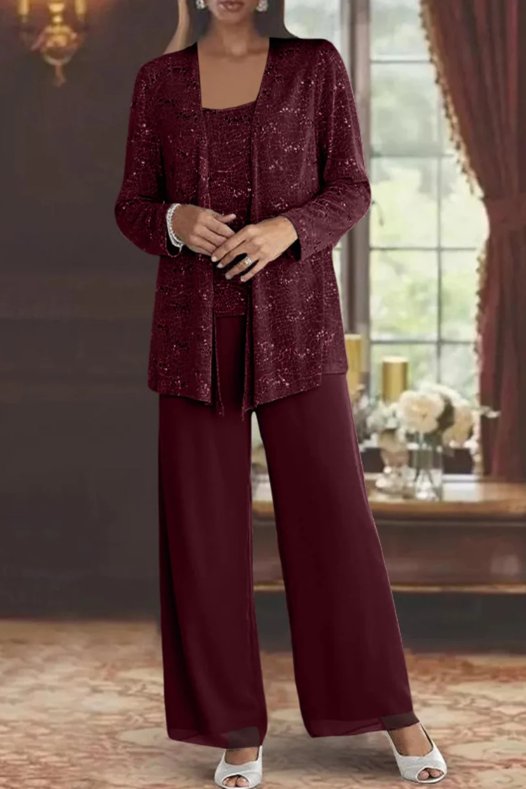 Dames Feestpak Driedelig - Kanten Blazer met Pailletten en Wide Leg Broek