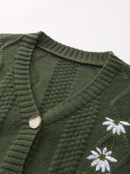 Winsome™ | Women's Floral Embroidered V-Neck Button Cardigan