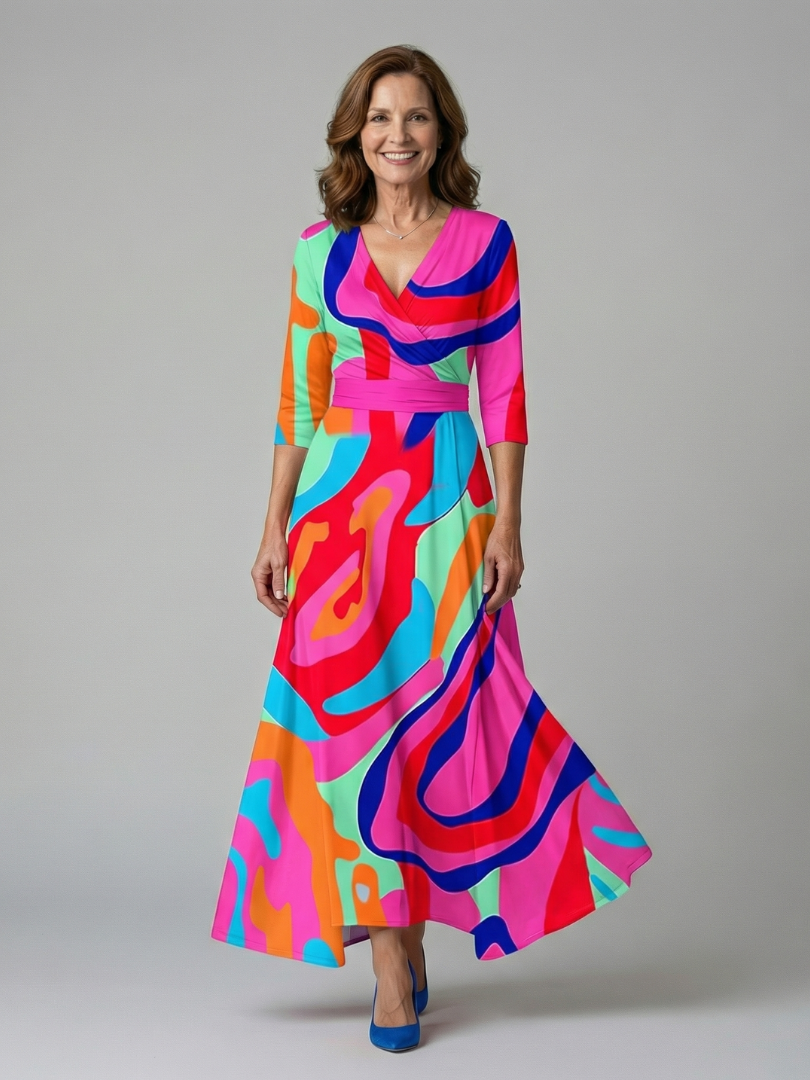 Dames Midi Jurk met Wikkelhals en Bloemenprint