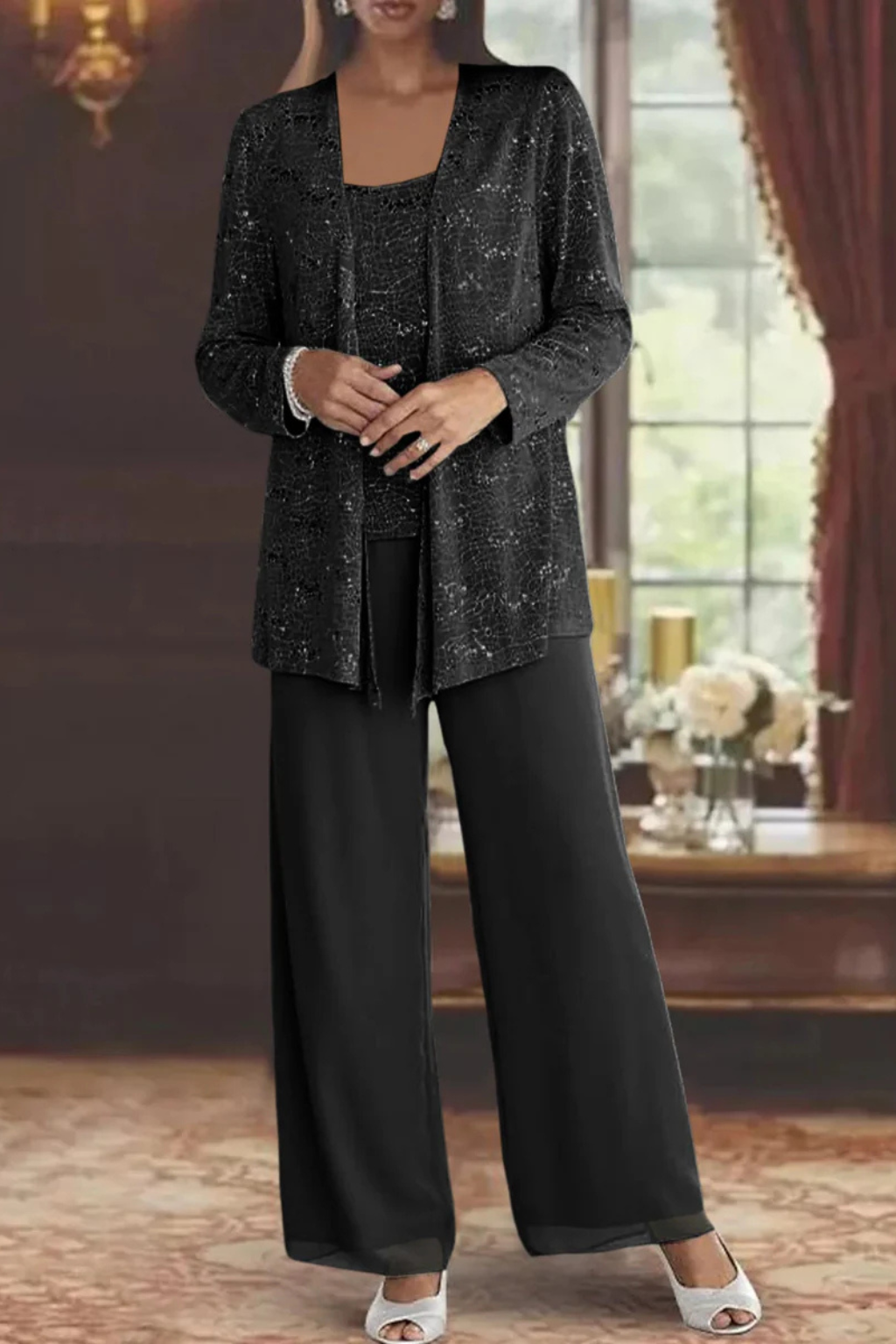 Dames Feestpak Driedelig - Kanten Blazer met Pailletten en Wide Leg Broek
