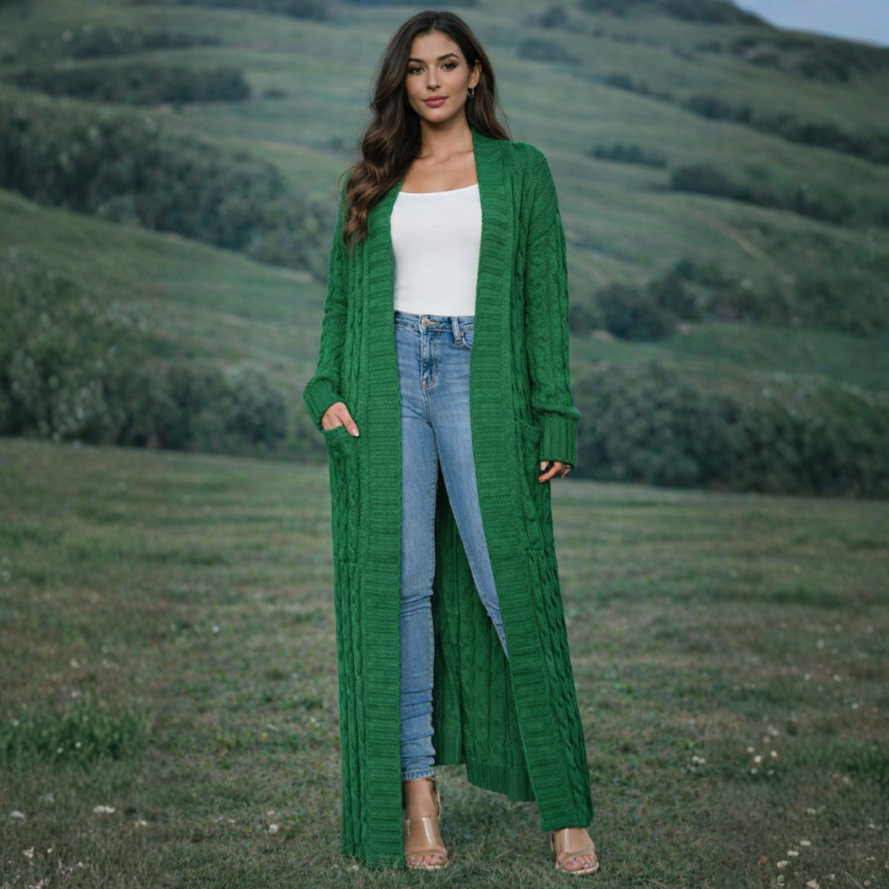 Dames Lange Gebreide Cardigan – Effen, Comfortabel voor Winter, Met Pompons