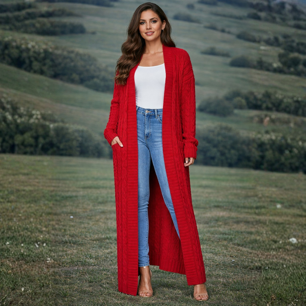 Dames Lange Gebreide Cardigan – Effen, Comfortabel voor Winter, Met Pompons