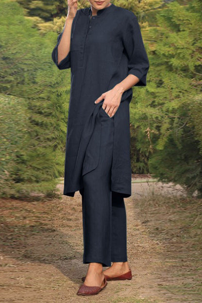 Fenne - Casual Set met Effen O-Hals en Lange Mouwen