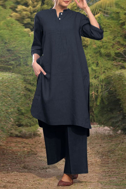 Fenne - Casual Set met Effen O-Hals en Lange Mouwen