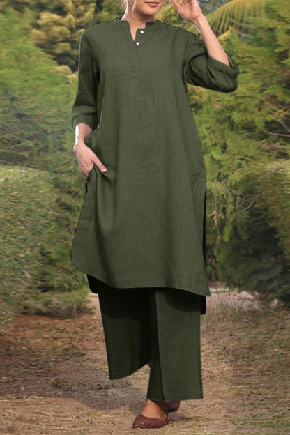 Fenne - Casual Set met Effen O-Hals en Lange Mouwen