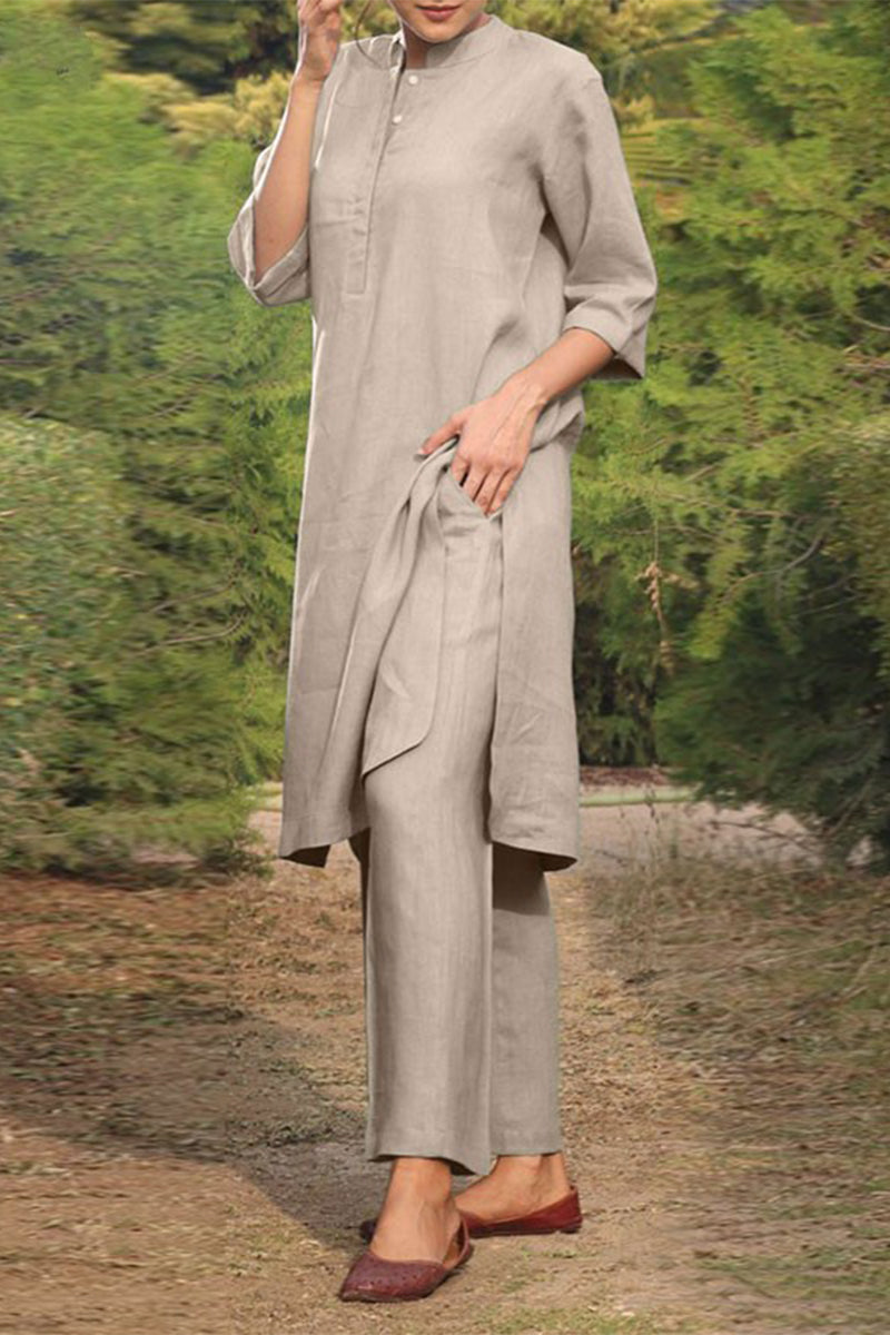 Fenne - Casual Set met Effen O-Hals en Lange Mouwen