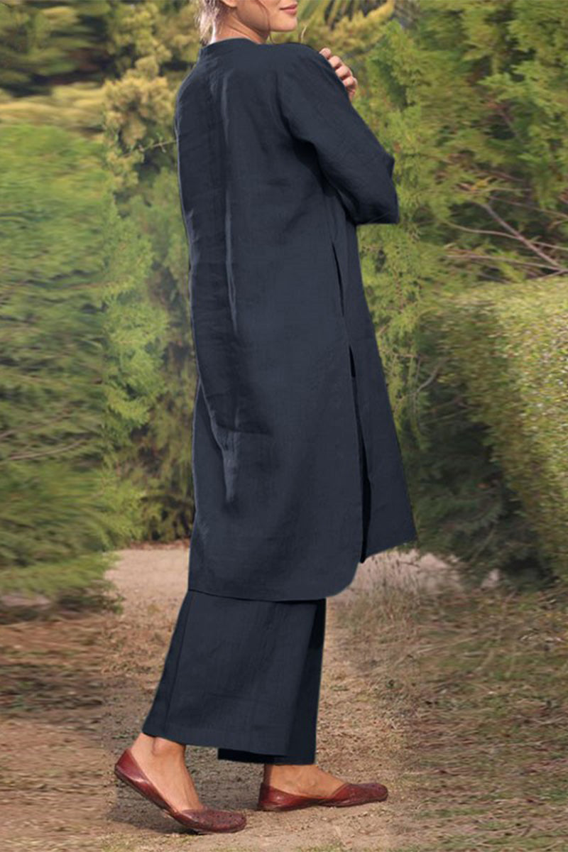 Fenne - Casual Set met Effen O-Hals en Lange Mouwen