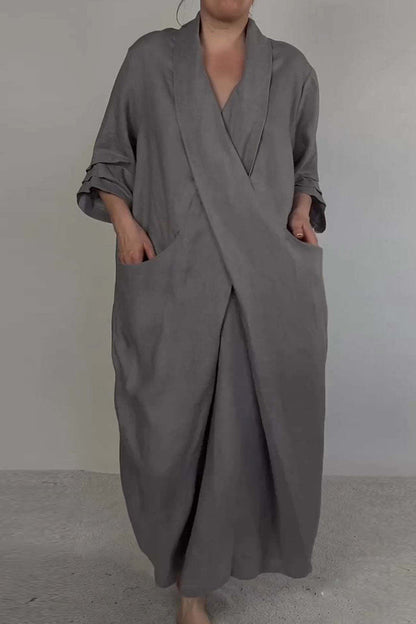 Mila - Casual Effen Kleur Lange Jurk met V-Hals en Pocket