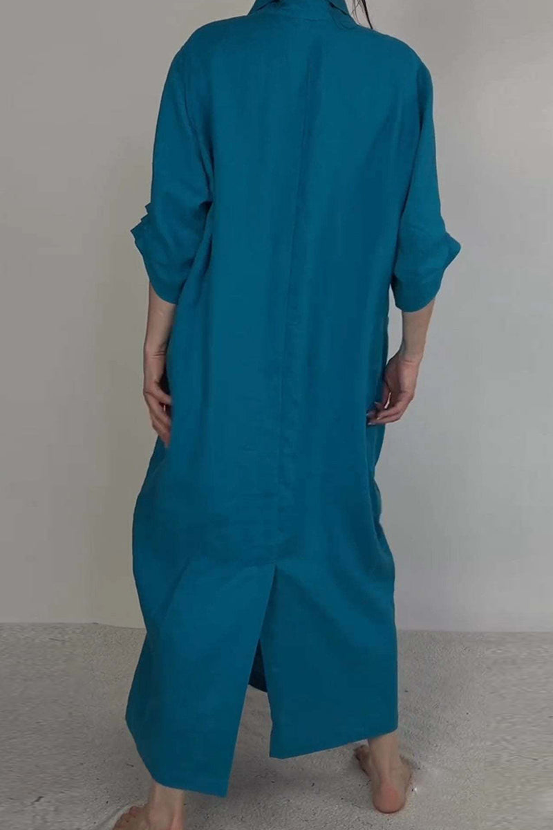 Mila - Casual Effen Kleur Lange Jurk met V-Hals en Pocket