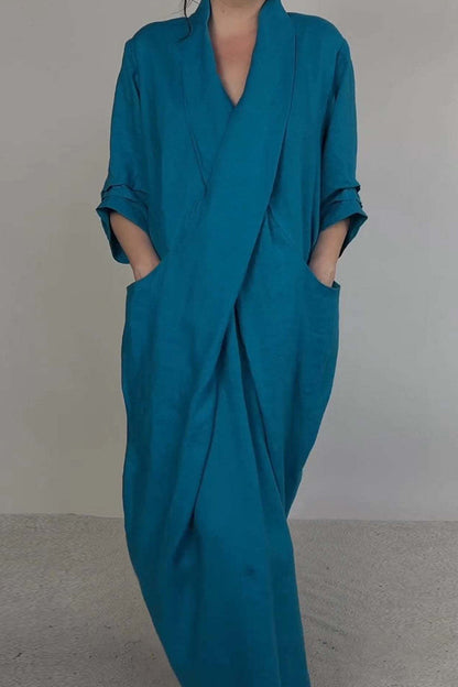 Mila - Casual Effen Kleur Lange Jurk met V-Hals en Pocket