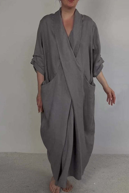 Mila - Casual Effen Kleur Lange Jurk met V-Hals en Pocket