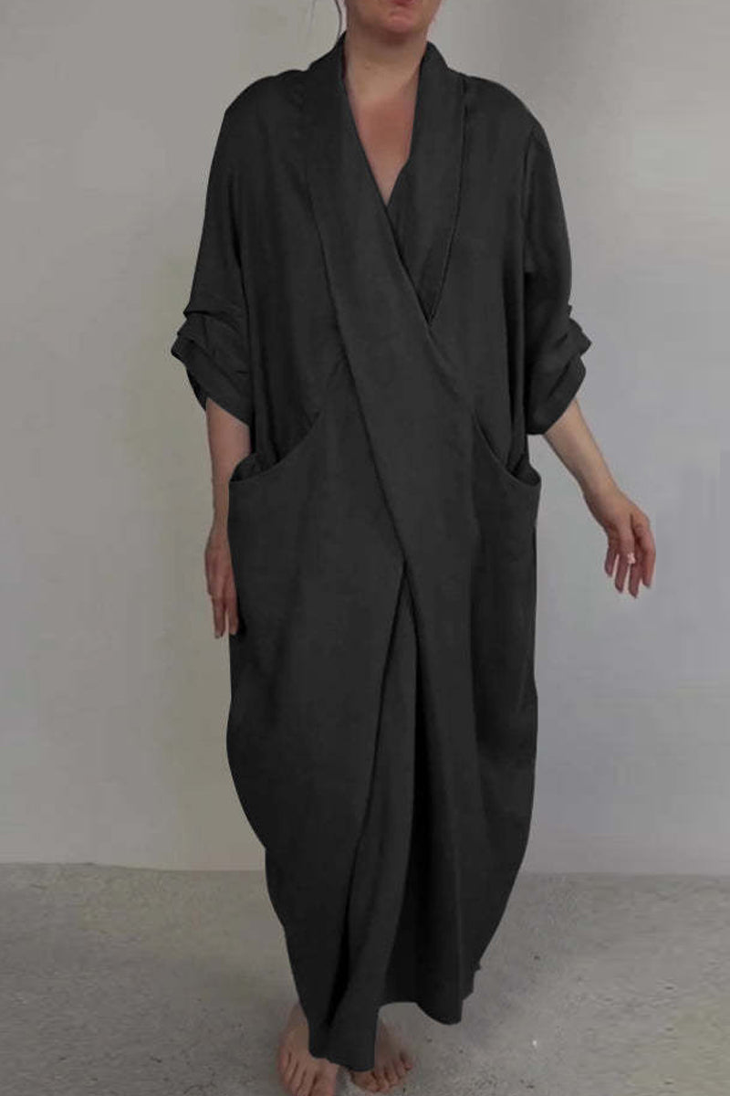 Mila - Casual Effen Kleur Lange Jurk met V-Hals en Pocket