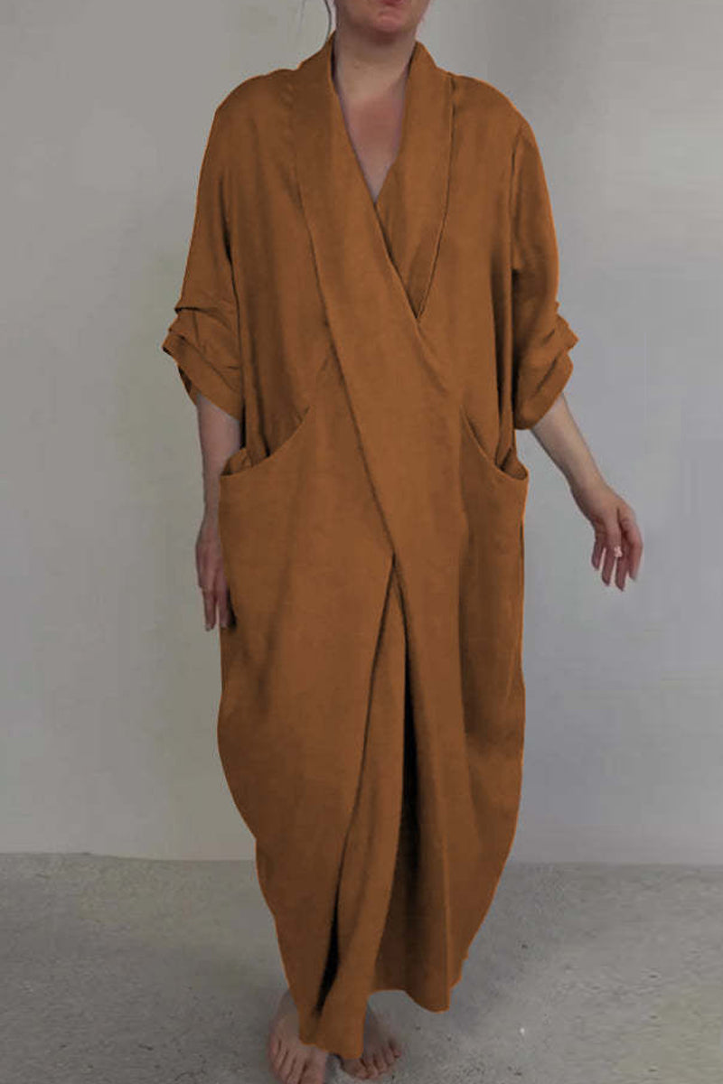 Mila - Casual Effen Kleur Lange Jurk met V-Hals en Pocket