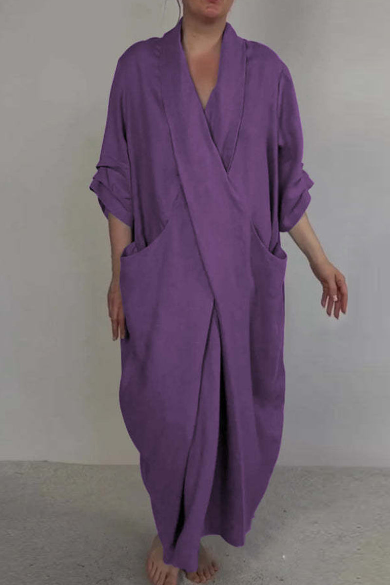 Mila - Casual Effen Kleur Lange Jurk met V-Hals en Pocket