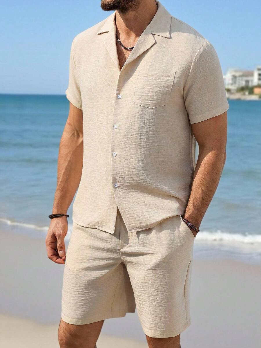 Heren Slim Fit Set – Met Overhemd en Shorts, Geschikt voor Zomer en Vrije Tijd