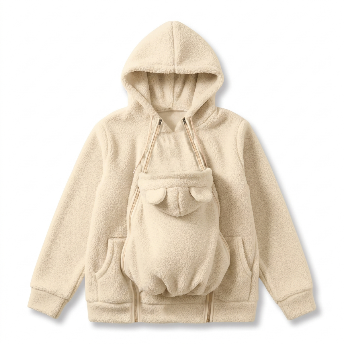 Close-up of the zip-in kangaroo pouch with playful ear details on the baby carrier hoodie