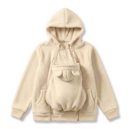 Close-up of the zip-in kangaroo pouch with playful ear details on the baby carrier hoodie