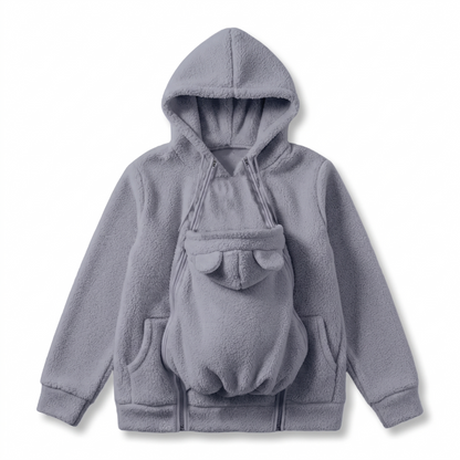 Side pockets on the fleece baby carrier hoodie for keeping essentials within reach