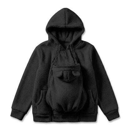 Fleece baby carrier hoodie shown in available colors and sizes