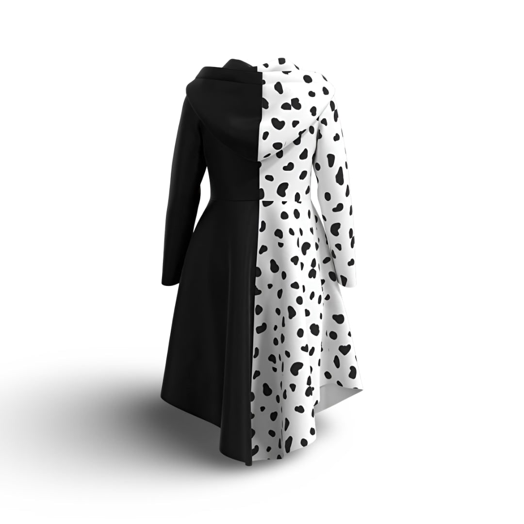 Kids' Halloween Cruella costume dress with dalmatian spots, detail of attached hood