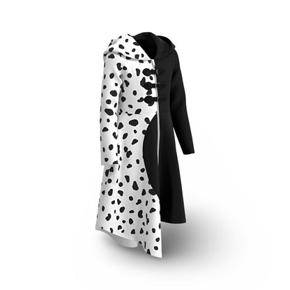 Kids' Halloween Cruella costume dress with dalmatian spots, model wearing the costume