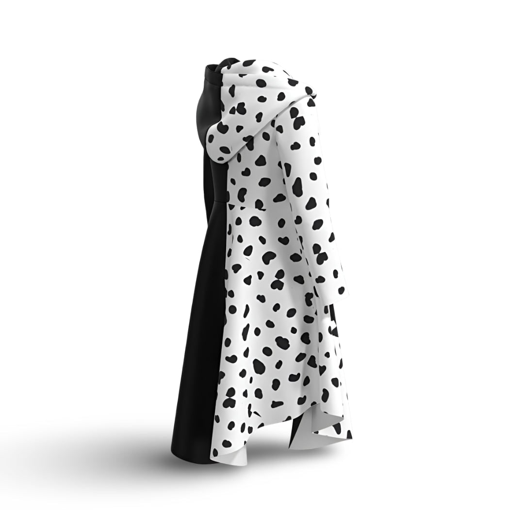 Kids' Halloween Cruella costume dress with dalmatian spots, packaging