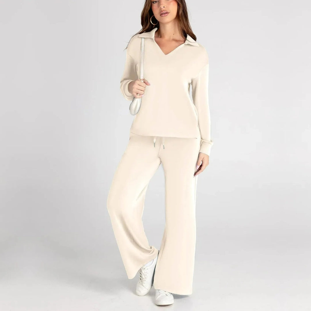 Dames Luxe Loungewear Set – Comfy V-hals Top en Broek van Zacht Katoen, Perfect voor Thuis en Ontspanning