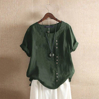 Gerlina - Linnen Blouse met Korte Mouw en Knoopsluiting