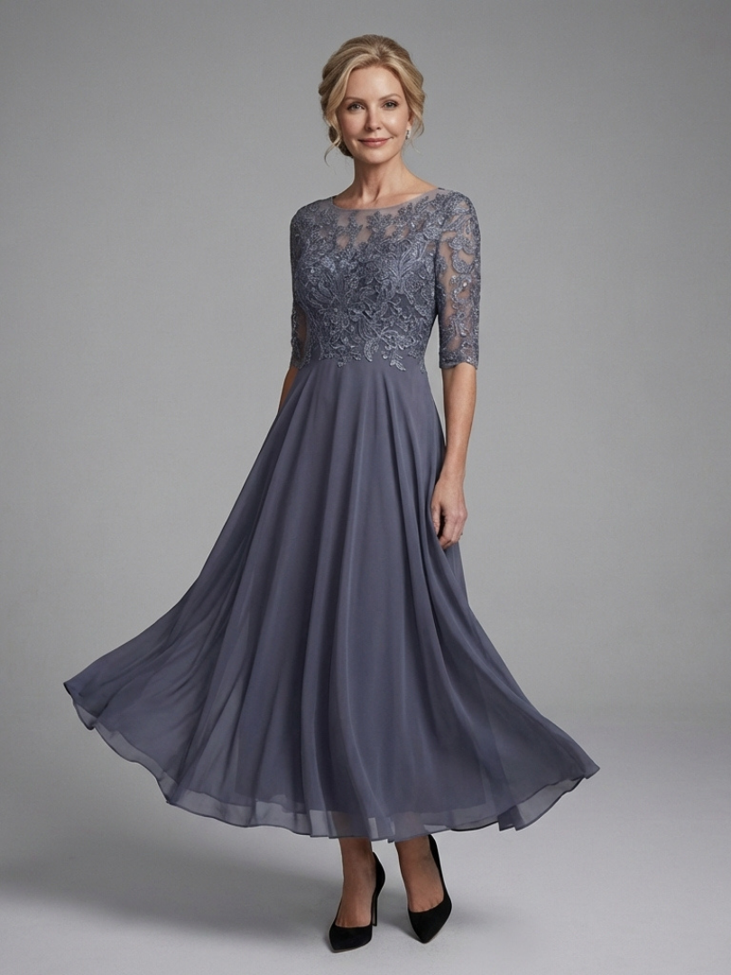 Dames Midi Jurk Kanten Bodice met Sheer Mouwen