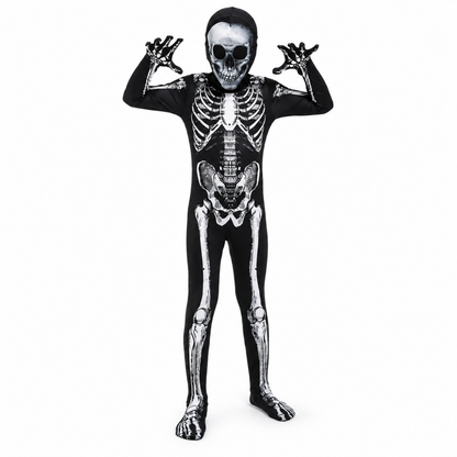 Kids skeleton grim reaper costume, front view with hood