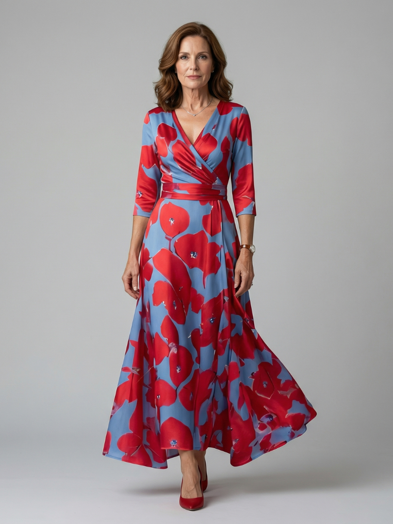 Dames Midi Jurk met Wikkelhals en Bloemenprint