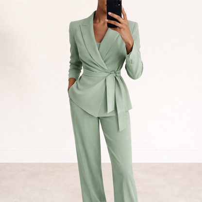 Dames Blazer Pak Set met Wide Leg Broek en Ceintuur