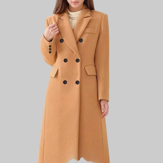 Abrigo largo de lana con doble botonadura – Elegante abrigo burdeos con cuello de solapa
