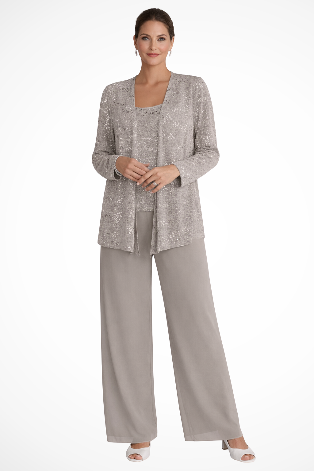 Dames Feestpak Driedelig - Kanten Blazer met Pailletten en Wide Leg Broek