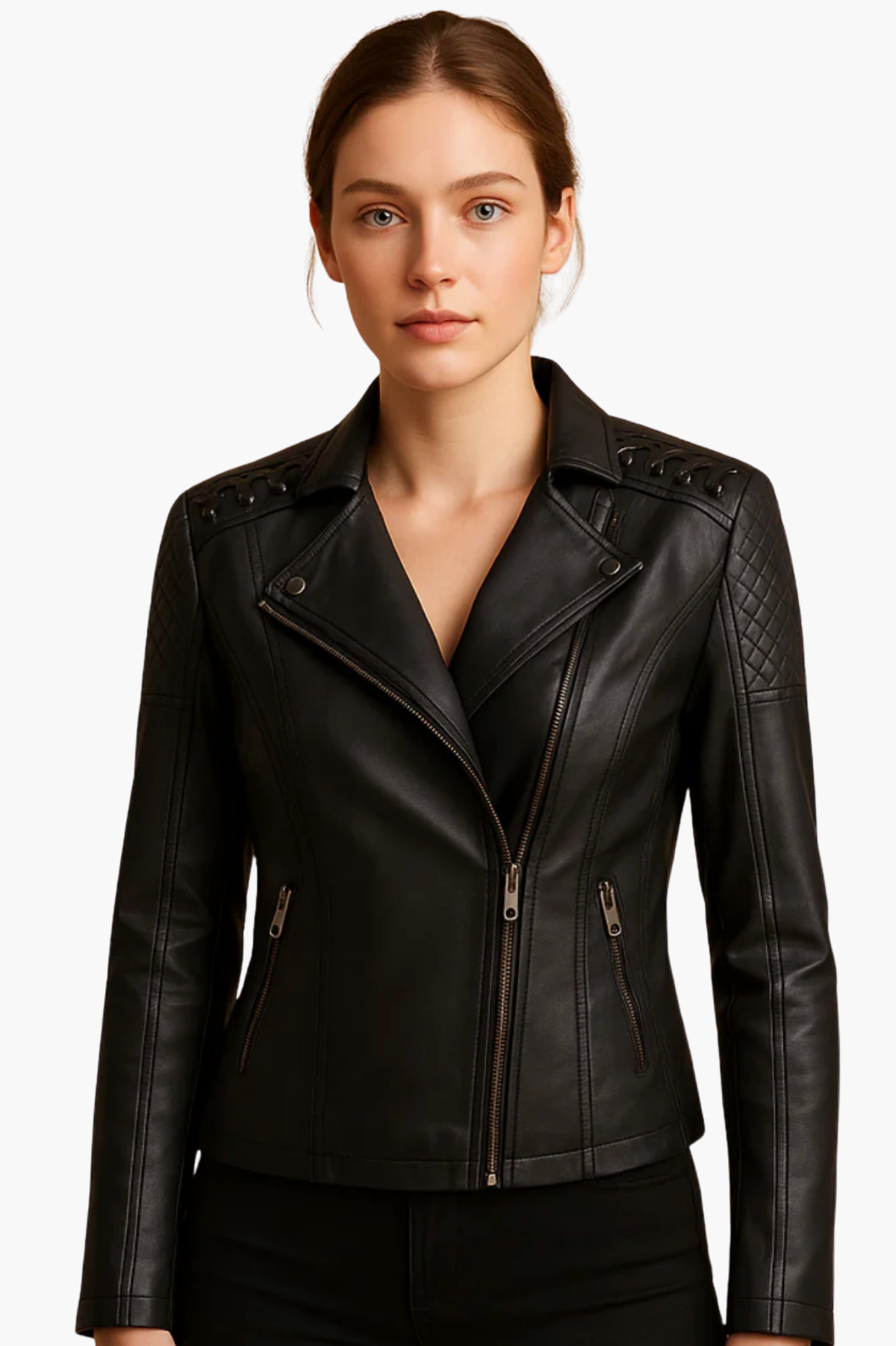 Veste biker en cuir femme, coupe ajustée style rock chic, vue de face