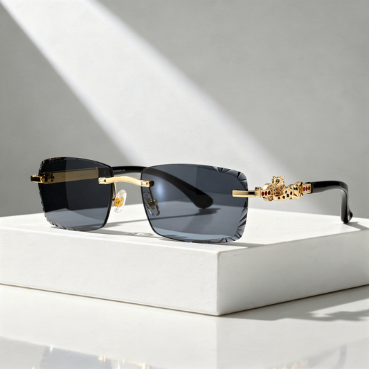 Zonnebril met Panterdetail en Facetgeslepen Rimless Glazen