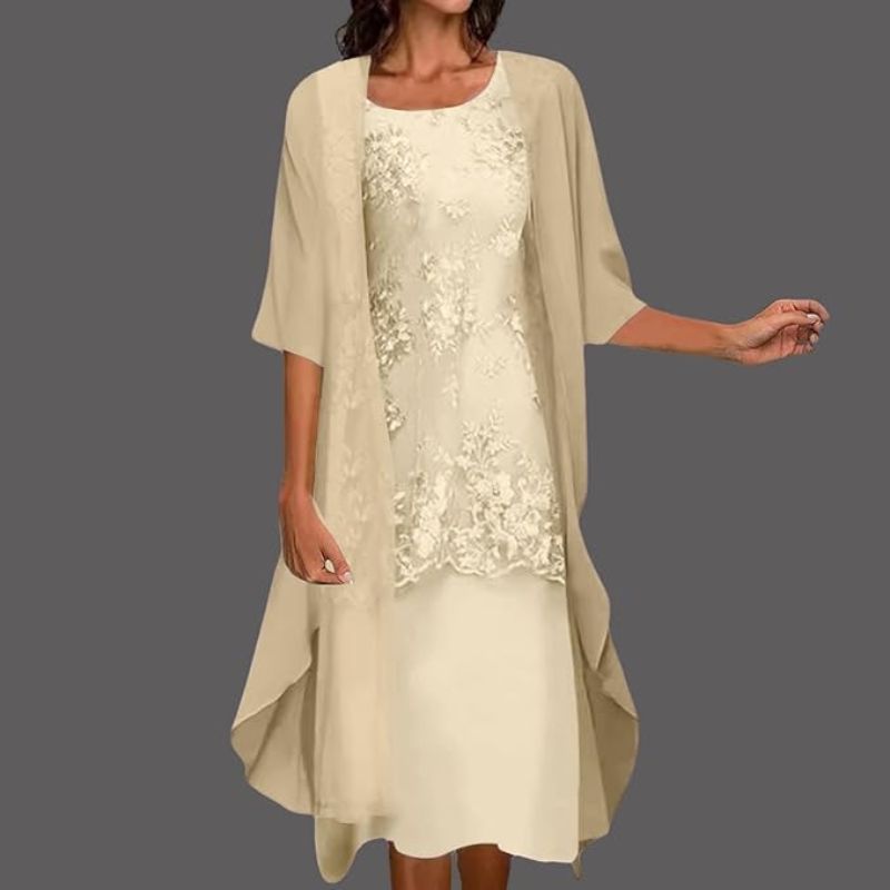 Dames Bruiloft Gast Jurk Kanten Midi met Chiffon Vest