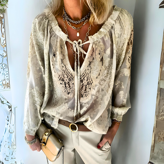 Kanten Dames Blouse met Strikkoord – Elegante Details & Comfortabele Pasvorm