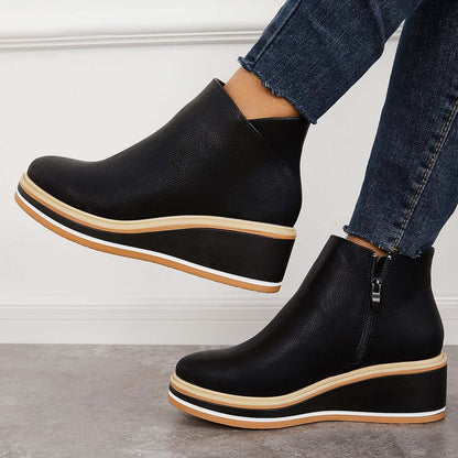 Dames Enkelboots met Rits – Zwart Leer, Plateau Hak voor Casual en Avondkleding