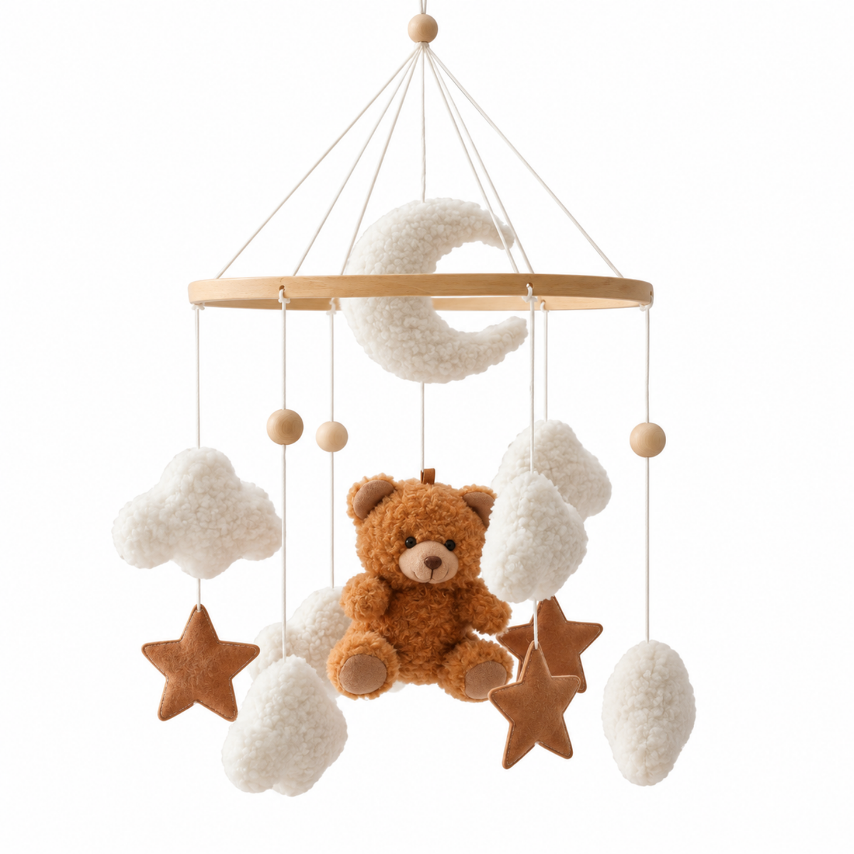Moon, clouds, stars and teddy bear felt toy topper for cot mobile