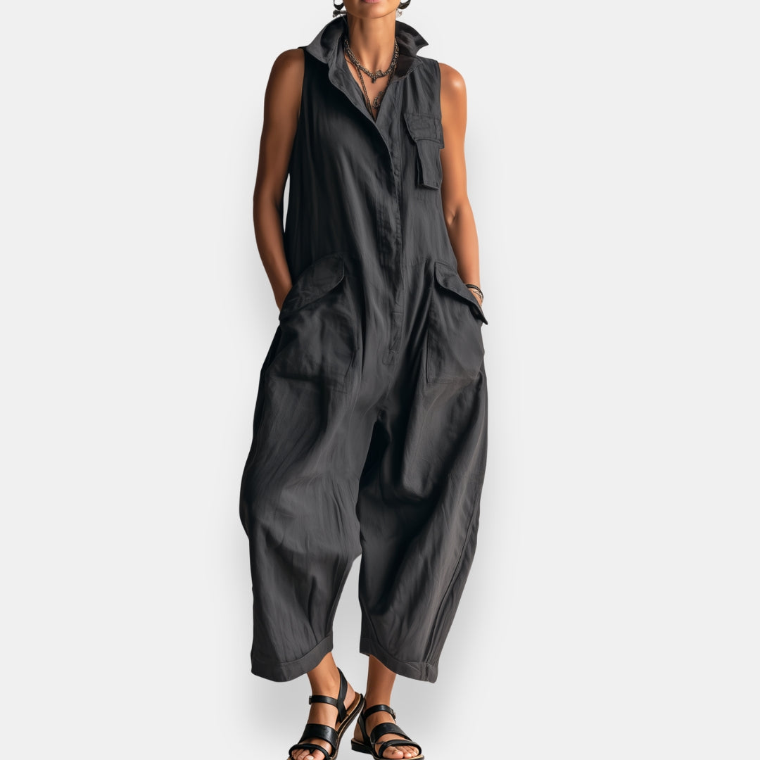 Dames Jumpsuit Mouwloos Cargostijl met Gestructureerde Kraag