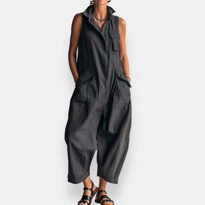 Dames Jumpsuit Mouwloos Cargostijl met Gestructureerde Kraag