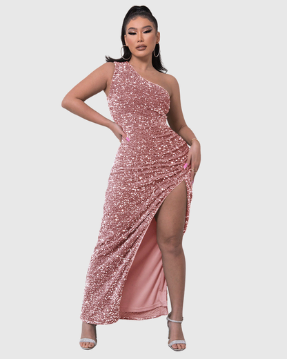 Dames Avondjurk met Pailletten One-Shoulder en Split
