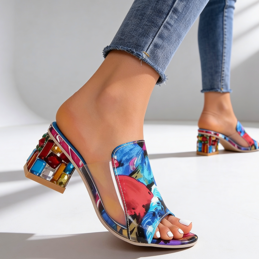 Dames Slippers met Strass Blokhak - Peep-Toe Sandalen