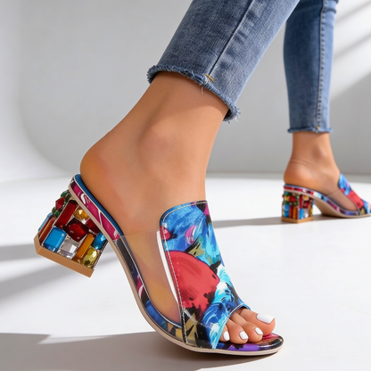 Dames Slippers met Strass Blokhak - Peep-Toe Sandalen